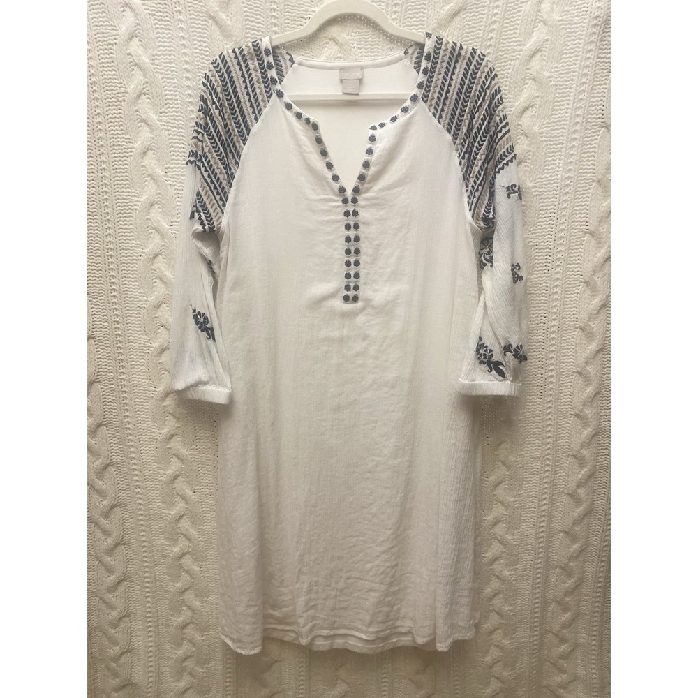 Chicos 1 White Cotton Blend Sheath Dress Embroidered Boho Beachy Coastal